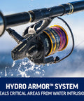 Battle IV Spinning 9-Foot Fishing Rod And Reel Combo Kit With 6000 Reel demonstrating water resistance in action.