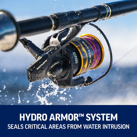 Battle IV Spinning 9-Foot Fishing Rod And Reel Combo Kit With 6000 Reel demonstrating water resistance in action.