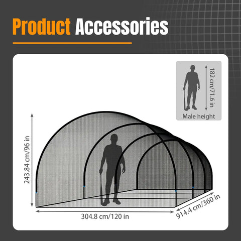 Diagram of Backyard 30ft Portable Baseball And Softball Batting Cage With Collapsible Net alongside male height comparison.