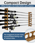 Wood Fishing Rod Holder Rack For Wall Or Ceiling Mount, holds up to six fishing rods horizontally with staggered holes
