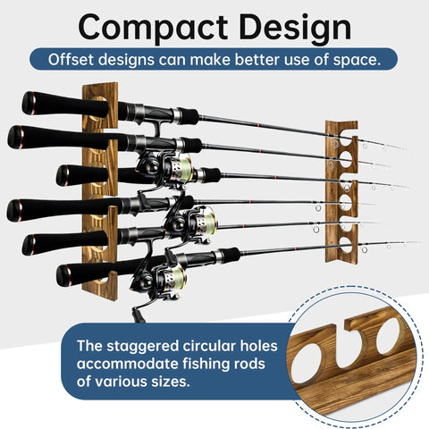 Wood Fishing Rod Holder Rack For Wall Or Ceiling Mount, holds up to six fishing rods horizontally with staggered holes