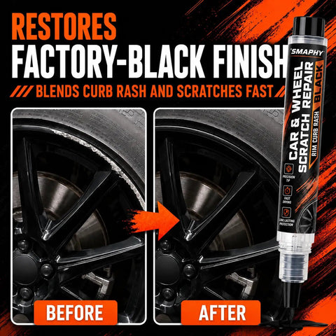 Curb Rash Buster And Ride Restorer For Gloss Black Wheels shown fixing scratches on a black wheel with rim paint pen.