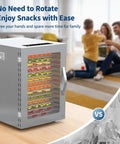 Built Tough Real Deal 14 Tray Stainless Steel Food Dehydrator Electric Dryer With Led Controls and Finely Tuned Heat Settings for Chewy Jerky Crisp Slices and Dog Treats, filled with colorful sliced fruits.