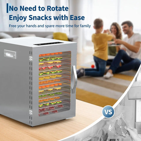 Built Tough Real Deal 14 Tray Stainless Steel Food Dehydrator Electric Dryer With Led Controls and Finely Tuned Heat Settings for Chewy Jerky Crisp Slices and Dog Treats, filled with colorful sliced fruits.