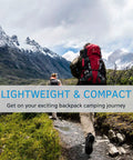 Hikers with backpacks on mountain trail under cloudy sky, promoting lightweight and compact gear.