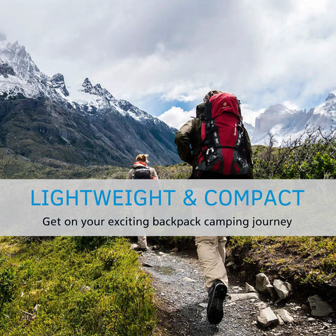 Hikers with backpacks on mountain trail under cloudy sky, promoting lightweight and compact gear.