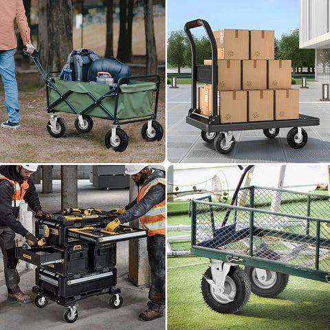 Heavy Duty Pneumatic Caster Wheels 8 Inch 4 Pack with 2 Swivel Brakes shown on various carts for easy mobility.