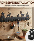 Chic Deer Wall Hook Rack With Seven Smooth Hooks And Double Adhesive Screw Mount For Kitchen Bathroom Storage Waterproof Black Metal Build, holding keys on a wooden wall.