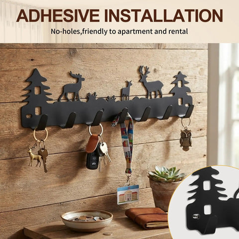 Chic Deer Wall Hook Rack With Seven Smooth Hooks And Double Adhesive Screw Mount For Kitchen Bathroom Storage Waterproof Black Metal Build, holding keys on a wooden wall.