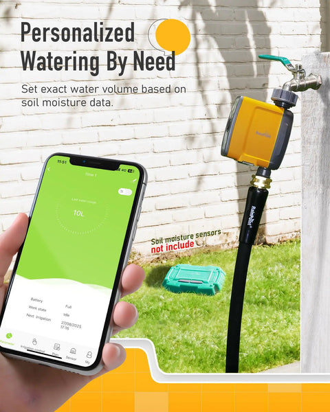 Smartphone showing app for WiFi Water Timer For Garden Hose With App And Voice Control, Weather Based Irrigation System on hose.