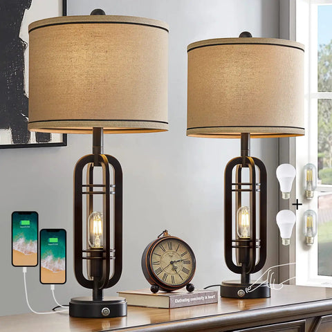 3 Way Dimmable Modern Touch Control Table Lamp Set Of 2 Vintage Farmhouse Rustic Bedside Lamps With Dual USB Ports 27.25 Inch Tall