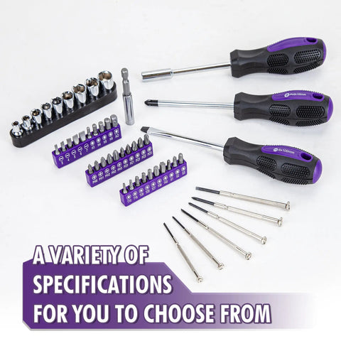 148 Piece Automotive And Household Tool Set With Purple Case for Home Repairs and DIY Projects, tools on display