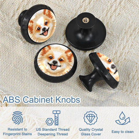 Four Piece Round Cabinet Knob Set For Kids Drawer Pulls with dog design on fabric background