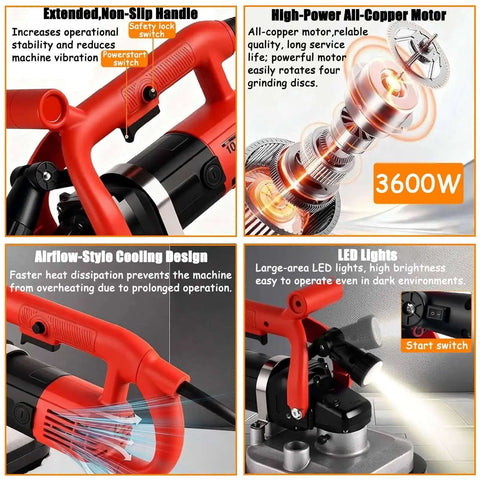 Four Head Concrete Floor Grinder And Electric Diamond Polisher Machine with red handle, copper motor, LED lights, airflow cooling.