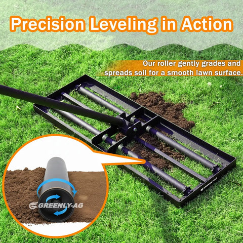 Heavy Duty Lawn Leveling Rake With Four Spiked Wheels And Smooth Roller For Multi Surface Grading shown leveling soil