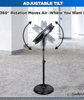 20 Inch High Velocity Industrial Pedestal Fan With All Metal Construction Aluminum Blades 3 Speed Slim Profile Stand 180 Degree Tilt And Adjustable Height For Garage Or Warehouse Cooling, shown in garage, demonstrating adjustable tilt.