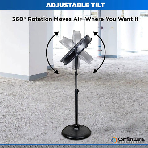 20 Inch High Velocity Industrial Pedestal Fan With All Metal Construction Aluminum Blades 3 Speed Slim Profile Stand 180 Degree Tilt And Adjustable Height For Garage Or Warehouse Cooling, shown in garage, demonstrating adjustable tilt.