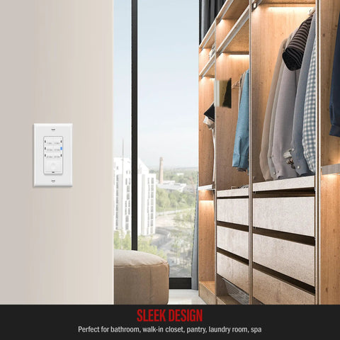 30 Minute Neutral Countdown In Wall Switch Timer 2 Pack Auto Off For Fans And Lights Including LEDs CFLs Save Energy With 7 Button Push Set And Set It And Forget It Easy Install Ideal For Vent Fans And Ceiling Fans installed in closet wall