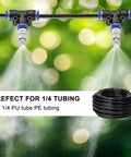 Brass Misting Nozzles Kit 30 Pcs With Filter Mesh 1/4 Inch Tee Fittings spraying water, coiled tubing underneath
