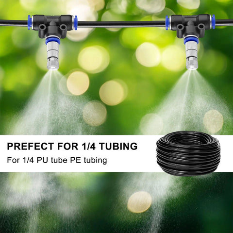 Brass Misting Nozzles Kit 30 Pcs With Filter Mesh 1/4 Inch Tee Fittings spraying water, coiled tubing underneath