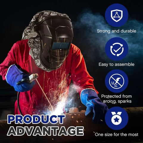 Welder using 2 Pack Welding Helmet Cover And Bib Set With Flame Retardant Fabric, Press Fit Neck Seal, fits most helmets and skull shapes