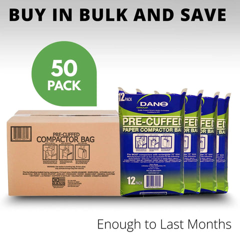 Bulk package of PreCuffed Paper Trash Compactor Bags 12 Pack For 11 Gallon Carts Heavy Duty Kitchen Garbage Liners displayed with box.