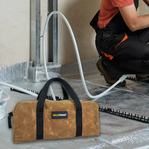 Workhorse Waxed Canvas Tool Tote Bag Set with Two Medium Tool Organizer Bags for Electricians near construction site
