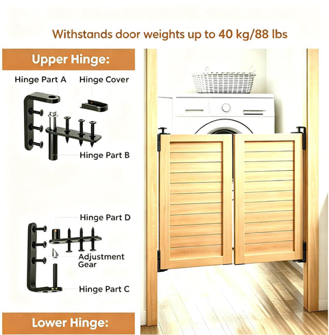 Badass Heavy Duty 304 Stainless Steel Self Closing Cafe Door Hinges Black Saloon Swing Mounts assembled with door parts labeled.