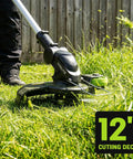 3-In-1 Cordless Lawn Care Kit With Mower, Trimmer Edger, And Leaf Blower, 21V Brushless Motor, Two 4.0Ah Batteries, Dual Chargers, Perfect For Small Yards And Quick Yard Refresh. 12-inch cutting deck trimming grass