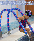 Child using Sweet Grip Eight Foot Inground Pool Railing Cover With Rad Flamingo Palm Design Slip Resistant Handrail Grip Blue.