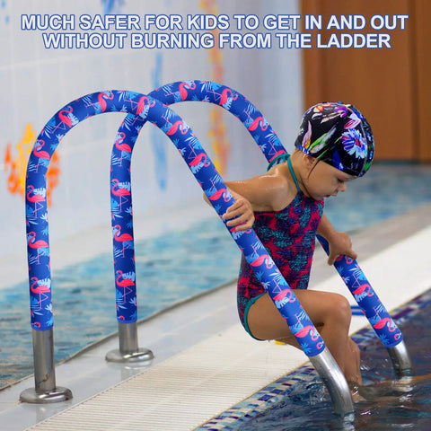 Child using Sweet Grip Eight Foot Inground Pool Railing Cover With Rad Flamingo Palm Design Slip Resistant Handrail Grip Blue.