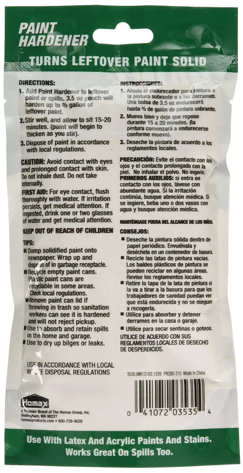 Back of Paint Hardener For Latex And Acrylic Paints 12 Pack, Quick Acting Solution, Eco Friendly Disposal Methods detailed instructions.