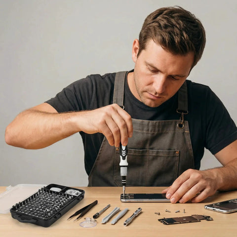 Person using All-In-One 115-In-1 Precision Screwdriver Set With 100 Bits And Opening Tools For Phones, Electronics Repair Kit shown