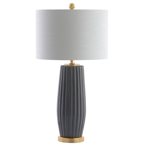 Gray 28.5 Inch Modern Ceramic Table Lamp With Fluted Base And White Linen Shade, Gold Accent, Energy Efficient LED Bulb Included, Perfect Nightstand Or Living Room Accent Light