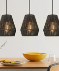 Modern Woven Pendant Light Fixtures Set Of 3 7 Inch Matte Black Dope Boho Farmhouse Coastal Hanging Lamps With Handwoven Rattan Basket Shades Over Table
