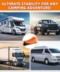All In One RV Leveling Kit With Curved Levelers Wheel Chocks Rubber Grip Mats And Storage Bag For Quick Stable Parking And Easy No Fuss Camper Stabilizer Blocks Ramp Set shown in use with various vehicles.