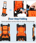 2-In-1 Folding Hand Truck Dolly With 330 Lb Capacity, Convert From Two-Wheel Dolly To Four-Wheel Flatbed Cart In Seconds, Heavy-Duty Steel Frame, Folds Flat For Easy Storage And Fast Jobsite Hauls., four-step folding hand truck, orange and black steel frame