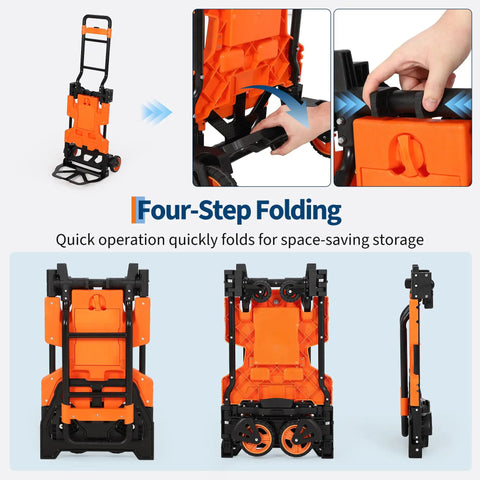 2-In-1 Folding Hand Truck Dolly With 330 Lb Capacity, Convert From Two-Wheel Dolly To Four-Wheel Flatbed Cart In Seconds, Heavy-Duty Steel Frame, Folds Flat For Easy Storage And Fast Jobsite Hauls., four-step folding hand truck, orange and black steel frame