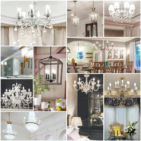 Various chandeliers and pendant lights showcasing 60W Equivalent LED Filament Candelabra Bulbs E12, Daylight White 5000K.