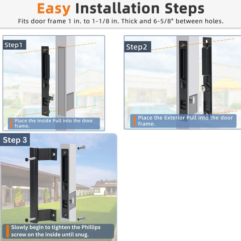 Installation steps for Heavy Duty Sliding Glass Door Handle Set 6 5/8 Inches Black Zinc Finish with ergonomic grip.