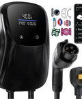 Level 2 Electric Vehicle Charger J1772 40 Amp 240 Volt Home Evse With Nema 14 50 Plug 25 Ft Cable showing smart display and charging plug.
