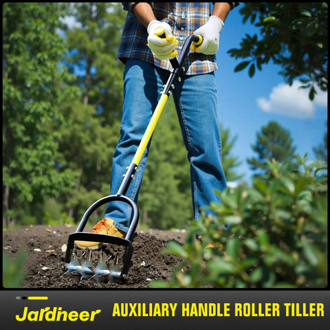 Person using Heavy Duty Rotary Cultivator For Gardening With Long Handle Workhorse Tiller For Soil Aeration Reseeding And Lawn Care