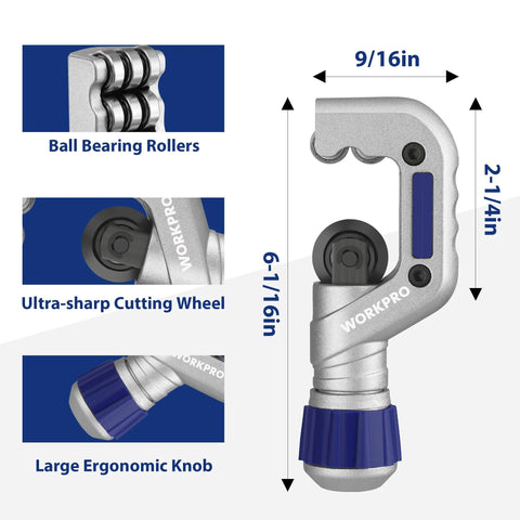 WORKPRO 3-piece tubing cutter set for copper, aluminum, brass, and plastic tubing with large blue ergonomic knob