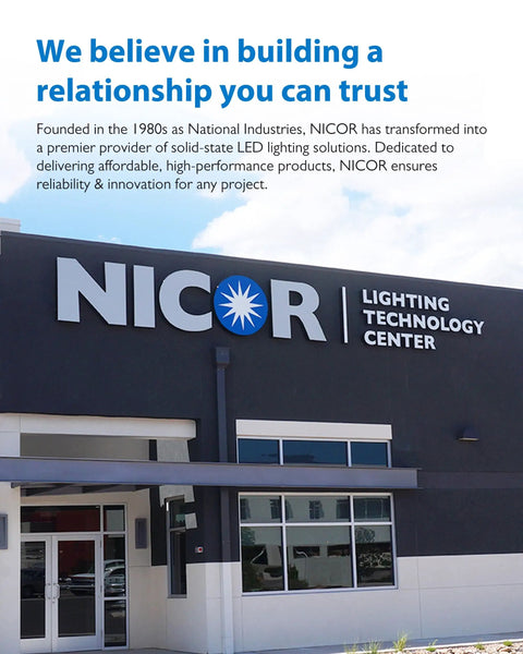 Exterior of NICOR Lighting Technology Center building with company signage, showcasing a blue sky background.