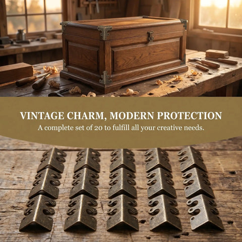 Heavy Duty Antique Metal Corner Guards 20 Pack For Cabinets And Albums Easy Install Decorative Alloy Corner Protectors with wood box