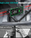 Dual Laser Distance Meter With 656 Feet Range, Rechargeable, Six Measurement Units In Feet, Inches, And Meters, LCD Display, Measures Length, Area, Volume And Angle With One Eighth Inch Accuracy, Bidirectional And Unidirectional Modes on display