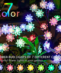 Colorful flower-shaped lights in a garden, 7 colors, 4 Pack Solar Garden Lights With Upgraded Panel Dope Battery Life And 18 Hour Run Time