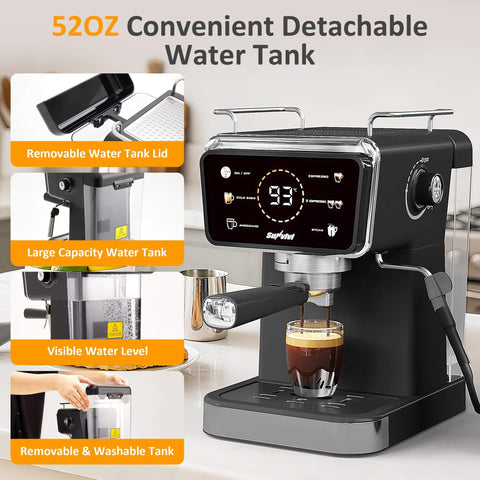 20 Bar Espresso Machine For Home And Office With Milk Frother, LED Display, and 52 Oz Removable Water Tank