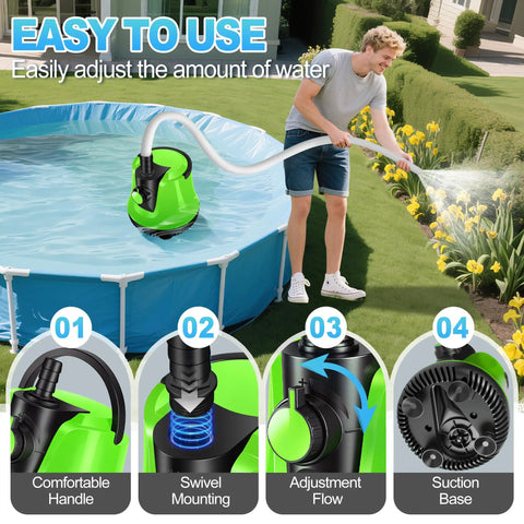 Man using Submersible Sump Pump With Adjustable Flow For No Fuss Water Removal Portable Electric Pool Draining Pump For Above Ground Pools Includes 10 Ft Hose And 4 Adapters 950 GPH in garden