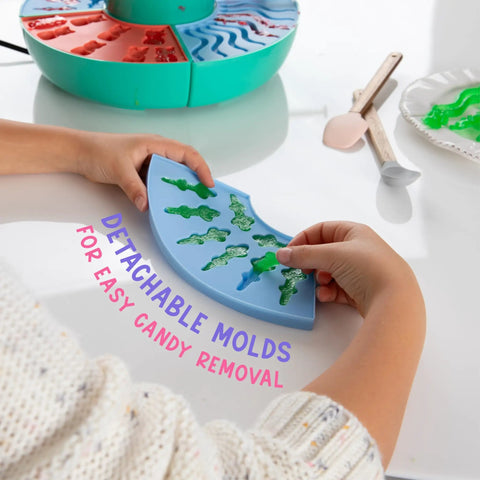 Child holding mold from Ultimate Gummy Candy Making Kit For Home Use With Four Mold Shapes And Heating Base, Gummy Bear Lab Machine Maker